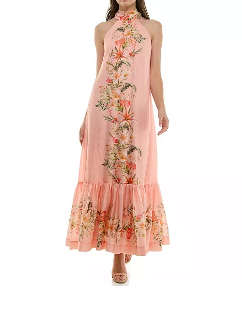 Peach Floral Halter Maxi Dress with Ruffle Hem